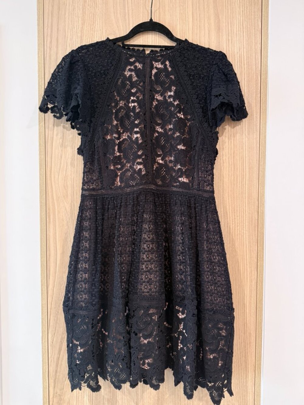 Rebecca Taylor Black Cotton Lace Fit & Flare Dress Size 8 Illusion Neck